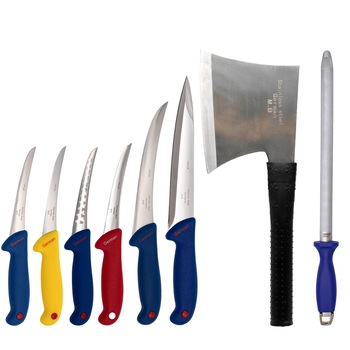 Set macelarie format din 8 piese, 6 cutite, 1 masat magnetic, 1 toporisca otel carbon Set macelarie format din 8 piese, 6 cutite, 1 masat magnetic, 1 toporisca otel carbon