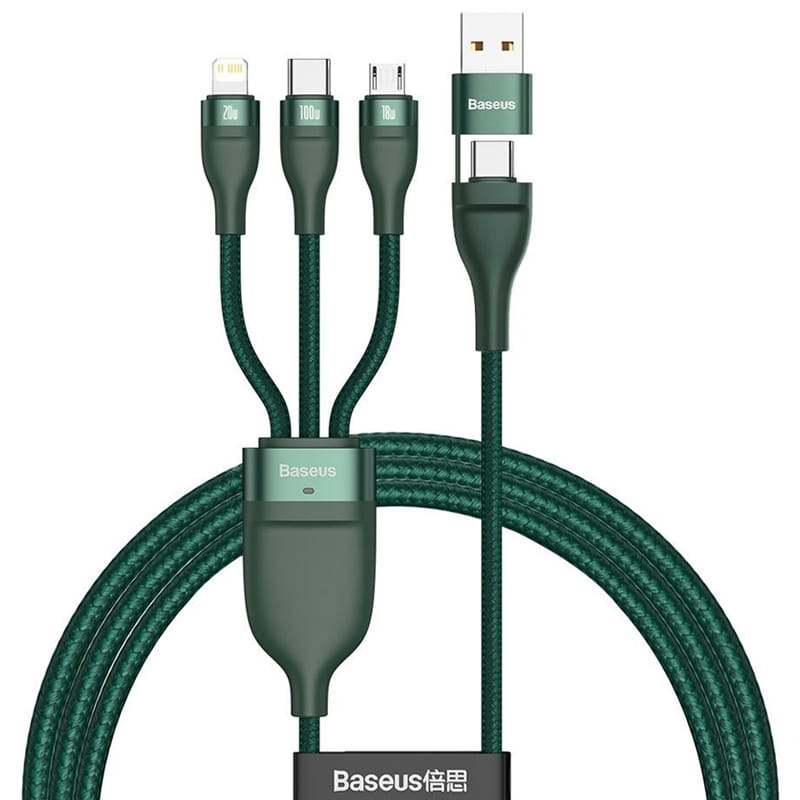 Cablu de date Baseus Flash Series 3 in 1, USB-A / USB-C la Lightning / Micro USB / USB-C, 1.2 m, Nailon, Verde