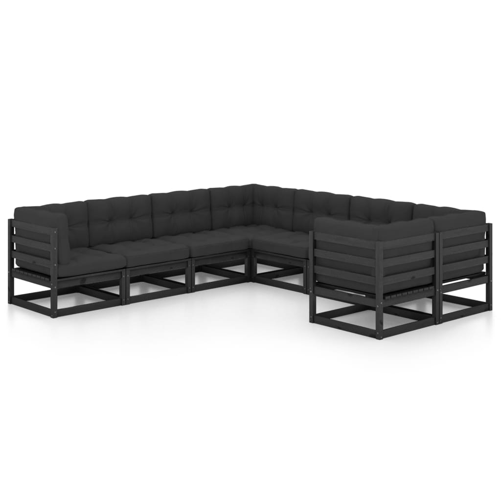 Set mobilier gradina cu perne, 8 piese, negru, lemn masiv pin