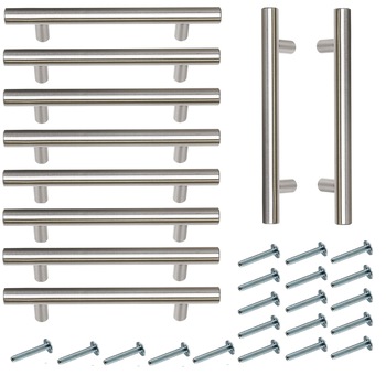 Set 10 manere inox 156 mm lungime, distanta gauri 96 mm cu suruburi de fixare Set 10 manere inox 156 mm lungime, distanta gauri 96 mm cu suruburi de fixare