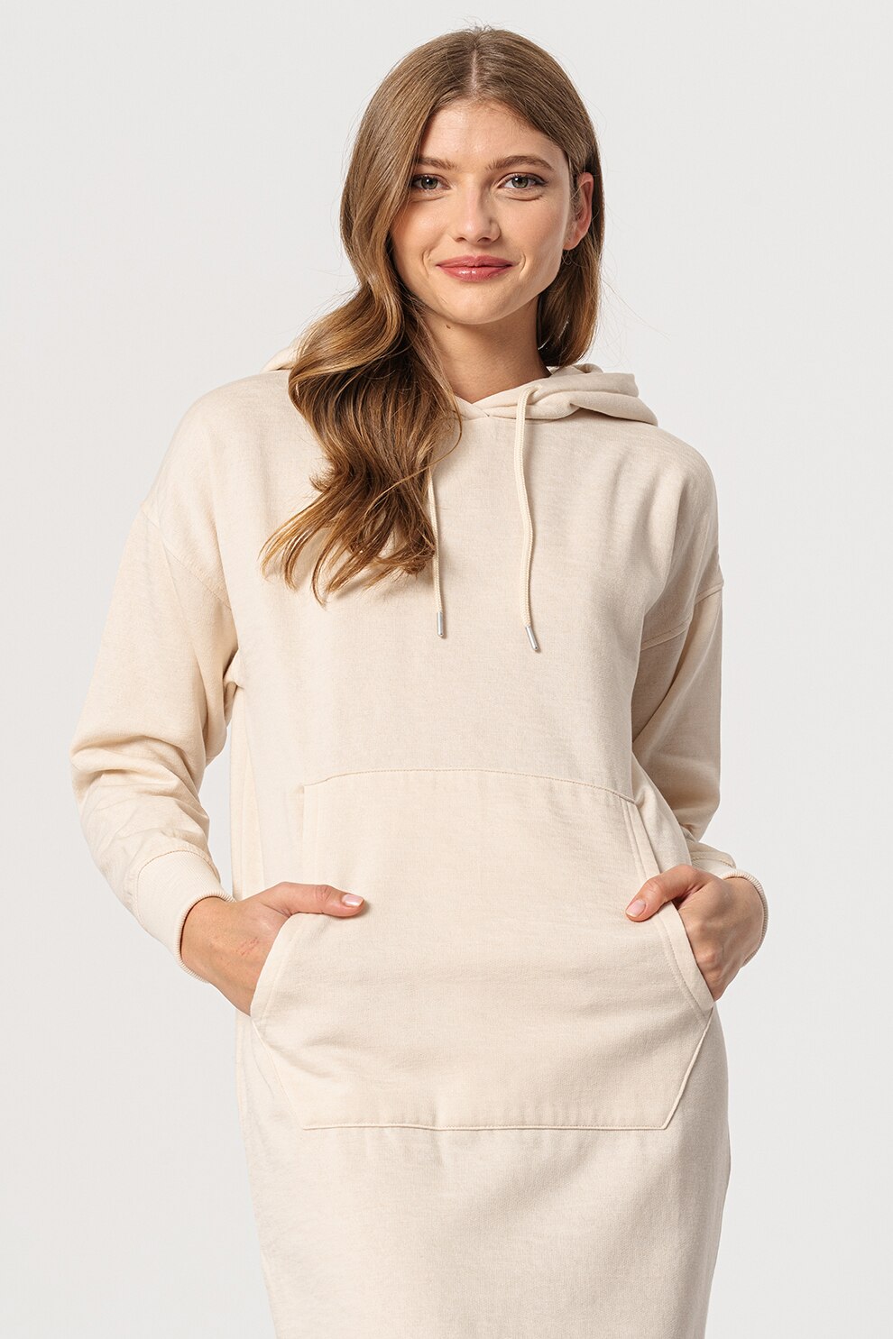 ICHI, Rochie tip hanorac cu buzunar kangaroo Jondell, Alb fildes