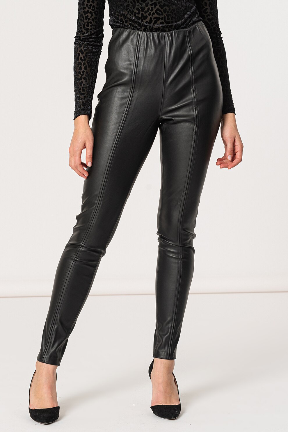 ICHI, Colanti de piele ecologica cu talie inalta Astur, Negru