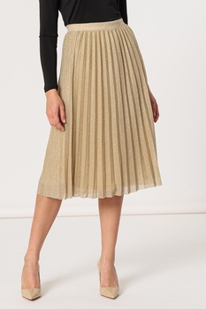 ICHI, Fusta midi cu aspect stralucitor Pleaty, Maro camel/Auriu, L ICHI, Fusta midi cu aspect stralucitor Pleaty, Maro camel/Auriu, L