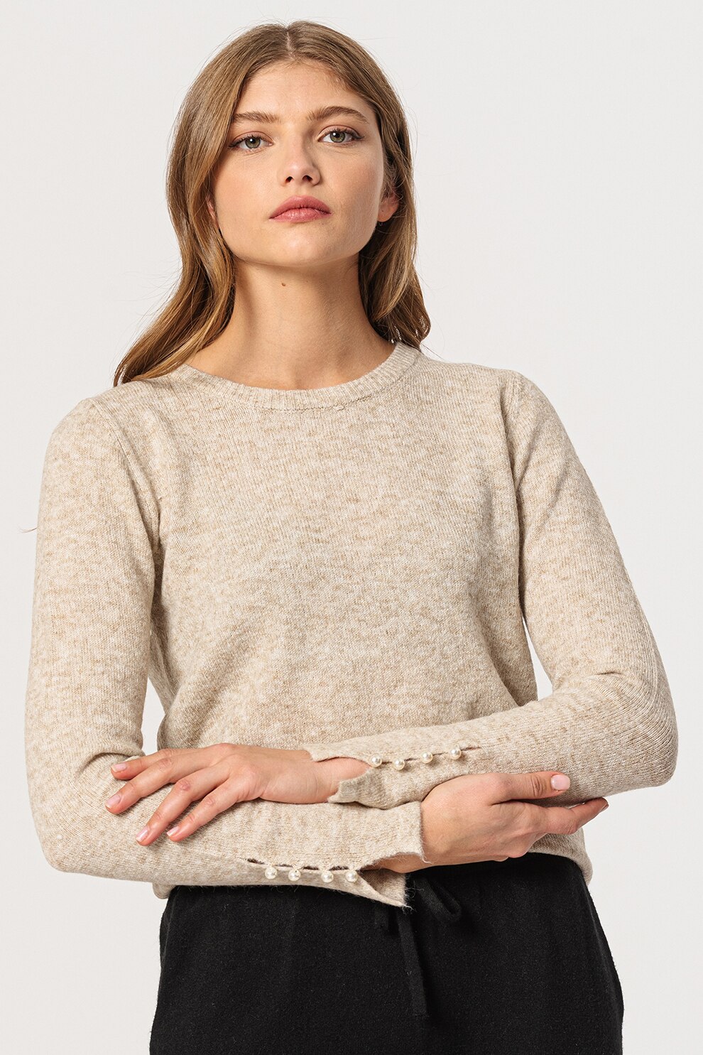 ICHI, Pulover cu decolteu la baza gatului Macon, maro melange