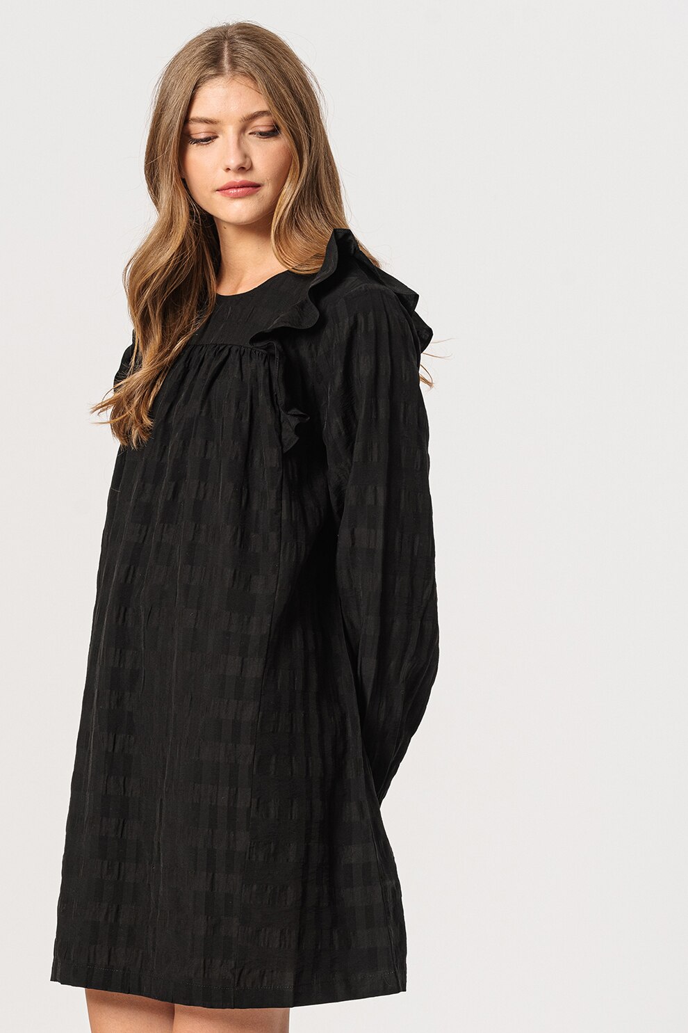 ICHI, Rochie scurta evazata din amestec de lyocell cu volane Ravo, Negru