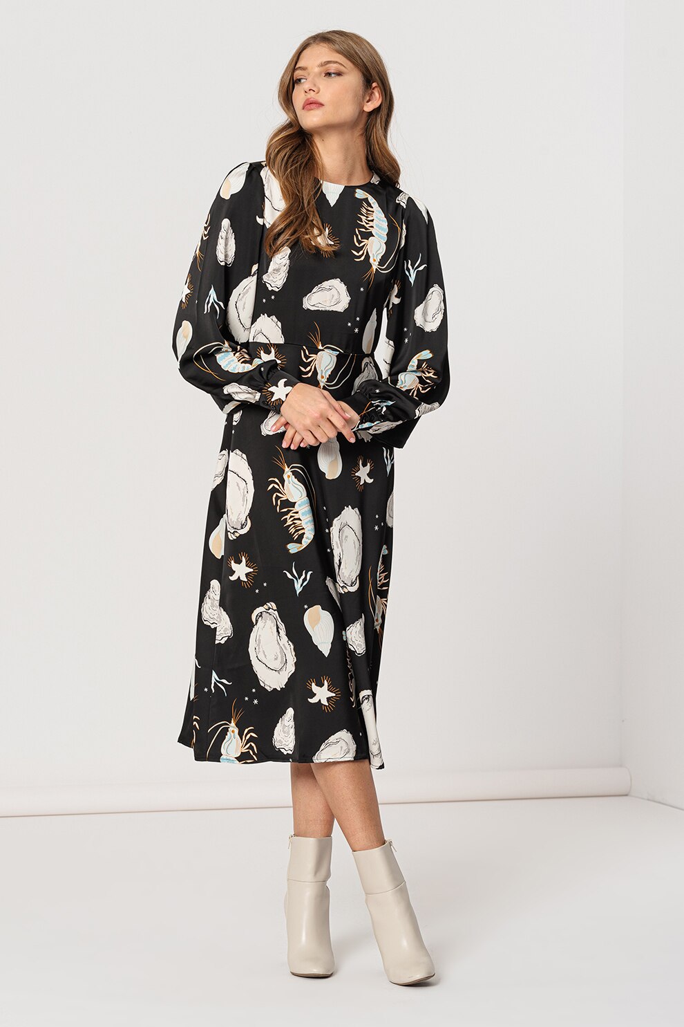 ICHI, Rochie midi evazata cu imprimeu grafic Shrimpy, Negru/alb/turcoaz