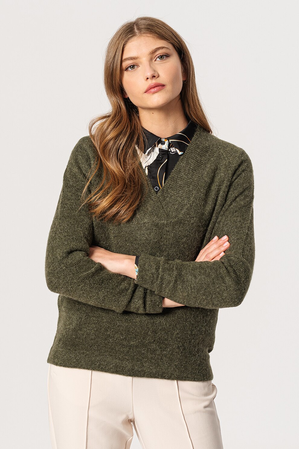 ICHI, Pulover din amestec de lana alpaca cu decolteu in V Amara, Verde feriga