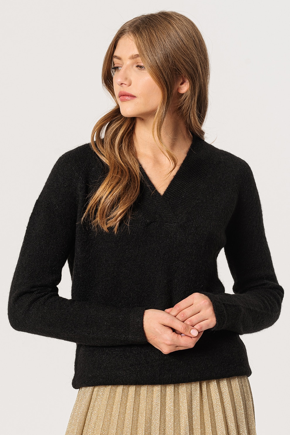 ICHI, Pulover din amestec de lana alpaca cu decolteu in V Amara, Negru