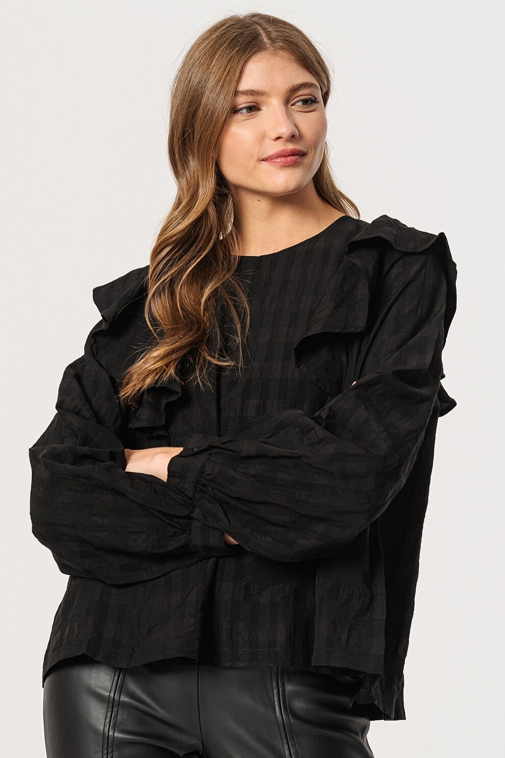 ICHI, Bluza din amestec de lyocell cu model in carouri Ravo, Negru