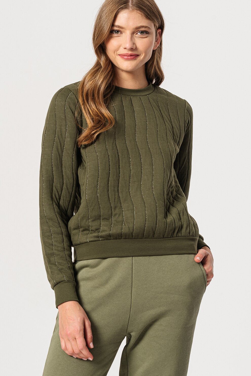 ICHI, Bluza cu decolteu la baza gatului si insertii metalizate Jandy, Verde feriga