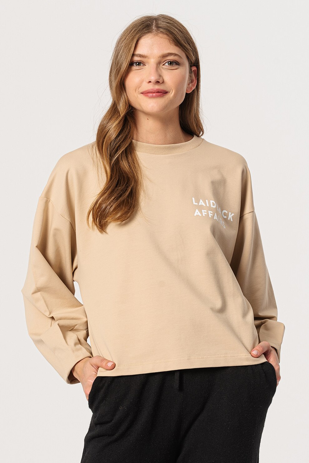 ICHI, Bluza din amestec de bumbac organic cu maneci cazute Coga, Maro camel