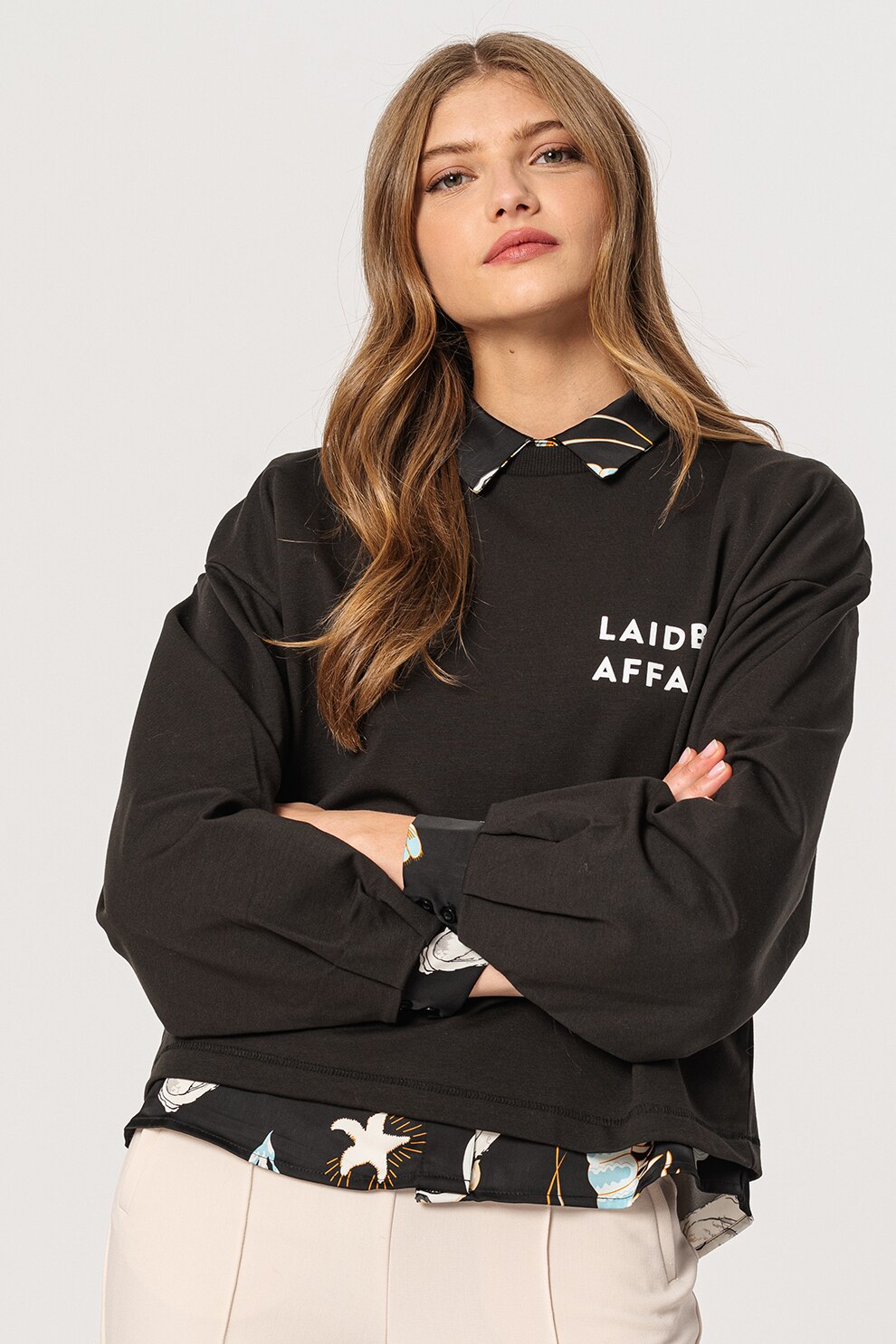 ICHI, Bluza din amestec de bumbac organic cu maneci cazute Coga, Negru