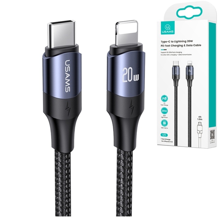 Usams adatkábel, USB-C a Lightninghez, 20 W, 120 cm, fekete