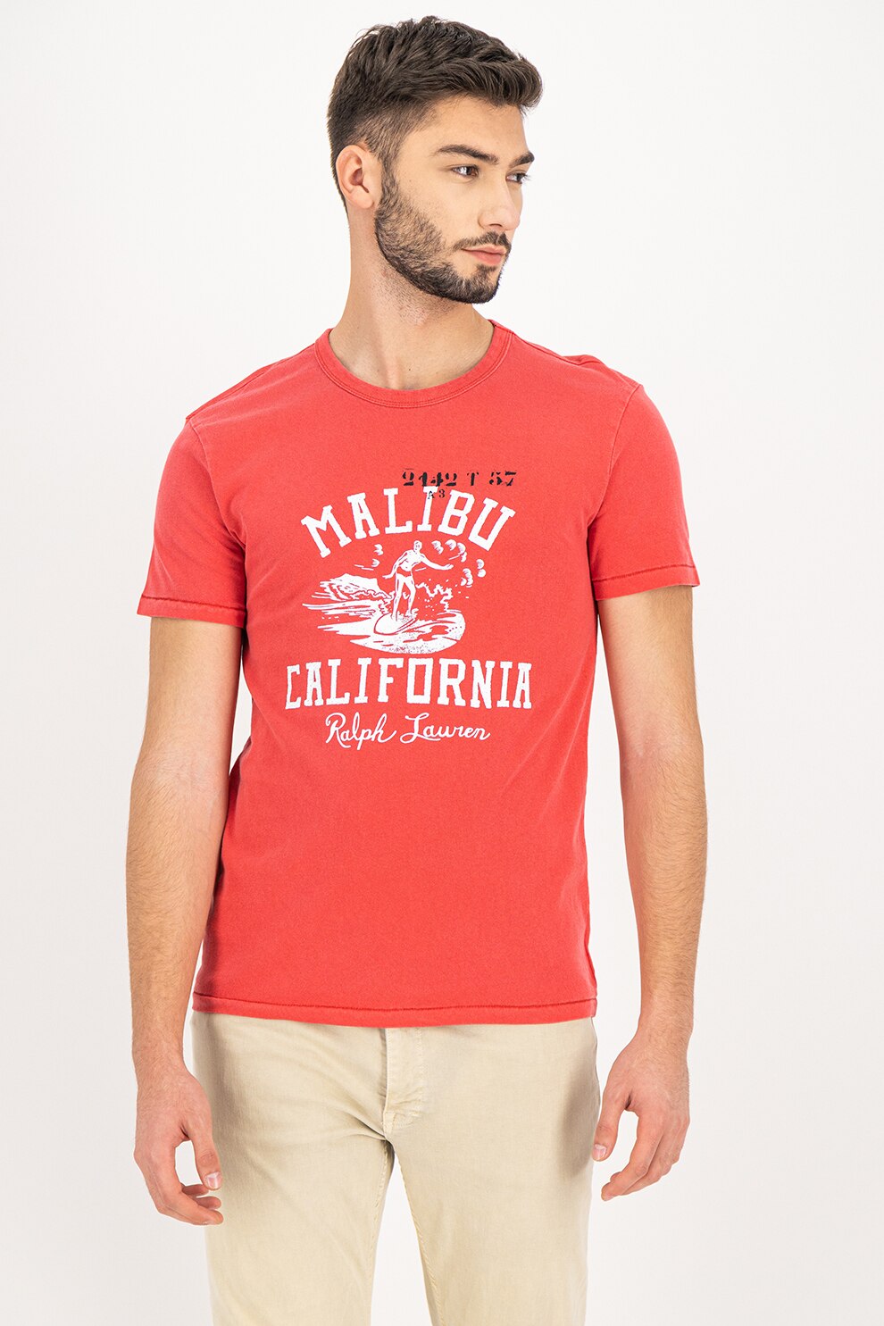 Polo Ralph Lauren, Tricou de bumbac cu decolteu la baza gatului, Rosu stins/Alb