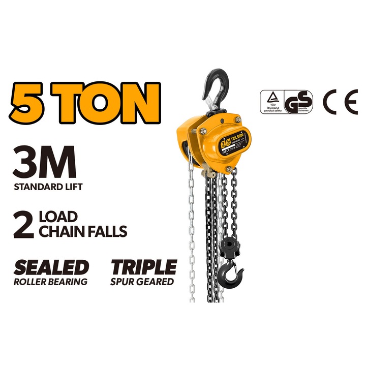 Macara cu lant TOLSEN Industrial 5 tone, inaltime ridicare 3m, lant incarcare Ø9x27mm, 2 caderi, tractiune 360N, sarcina dinamica 75kN, rulment cu role sigilat, aprobare CE/GS