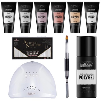 Kit Polygel Premium Ultra Lila Rossa. Contine lampa LED SunOne, pensula, tipsuri, lichid modelare, 6 x Fast Builder Polygel 60 g Kit Polygel Premium Ultra Lila Rossa. Contine lampa LED SunOne, pensula, tipsuri, lichid modelare, 6 x Fast Builder Polygel 60 g