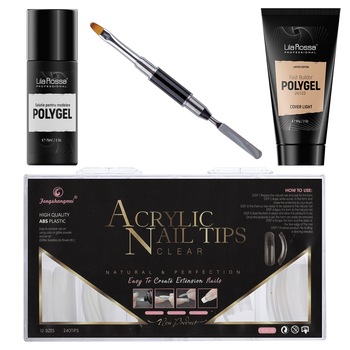 Kit Polygel Premium Cover Light Lila Rossa. Contine pensula, tipsuri, lichid modelare, Fast Builder Polygel 60 g Kit Polygel Premium Cover Light Lila Rossa. Contine pensula, tipsuri, lichid modelare, Fast Builder Polygel 60 g