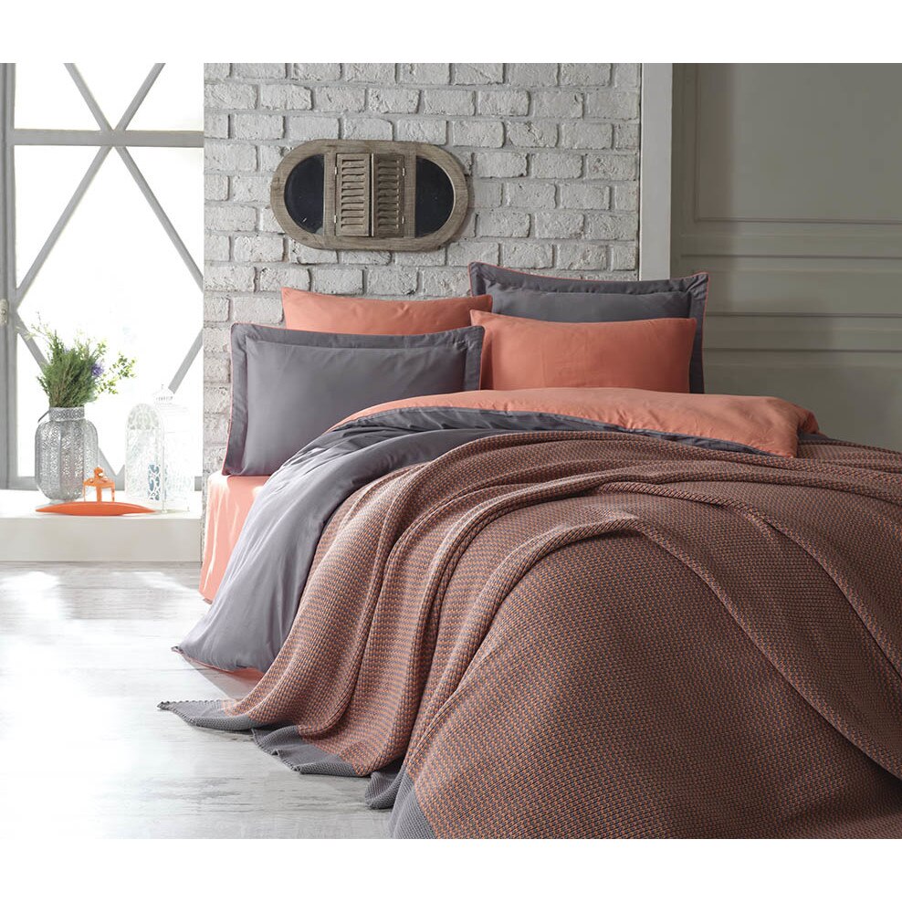 Set patura cu lenjerie din bumbac satinat Tuana Orange Dantela Home Colection pentru pat dublu, 200x220 / 50x70, delux