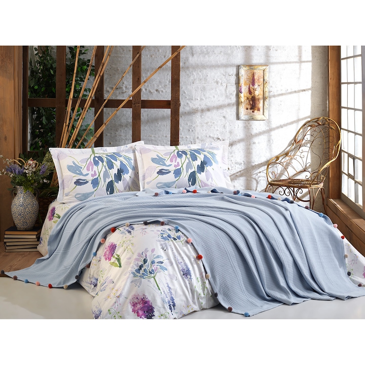 Set pled cu lenjerie din bumbac Violet Mavi Dantela Home Colection pentru pat dublu, 200x220 / 50x70