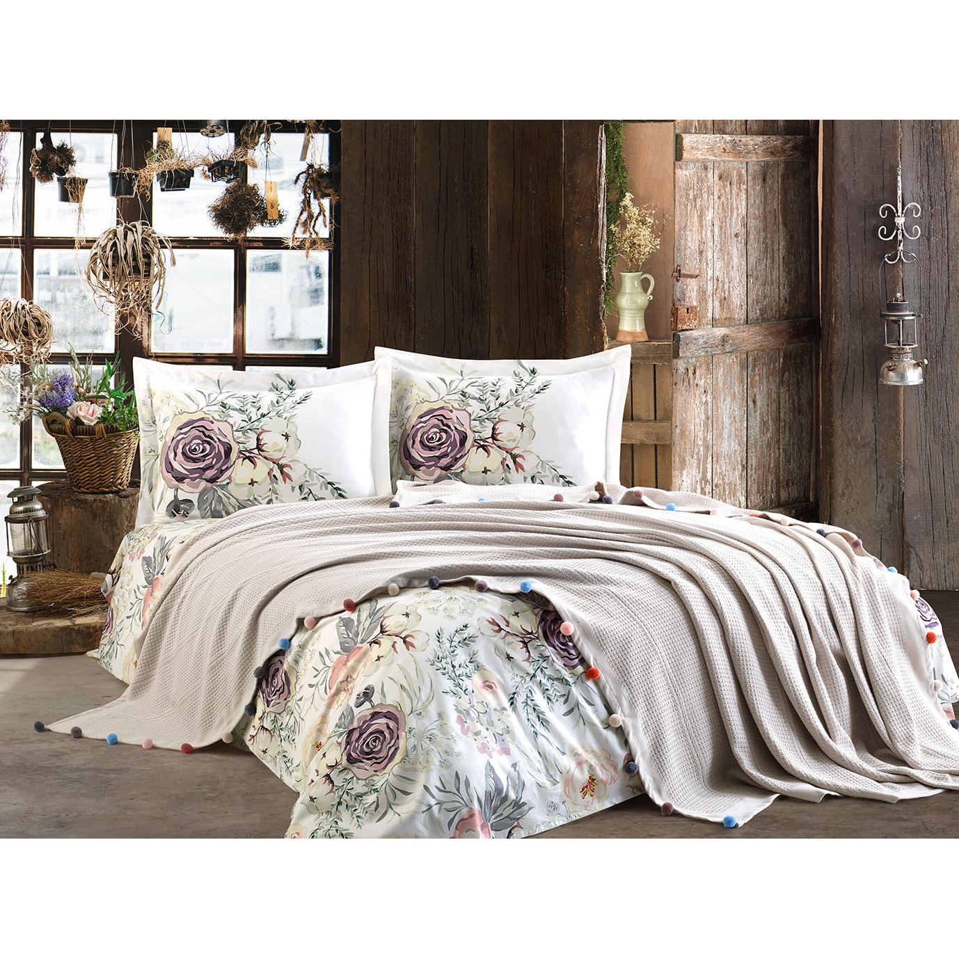 Set pled cu lenjerie din bumbac Violet Bej Dantela Home Colection pentru pat dublu, 200x220 / 50x70