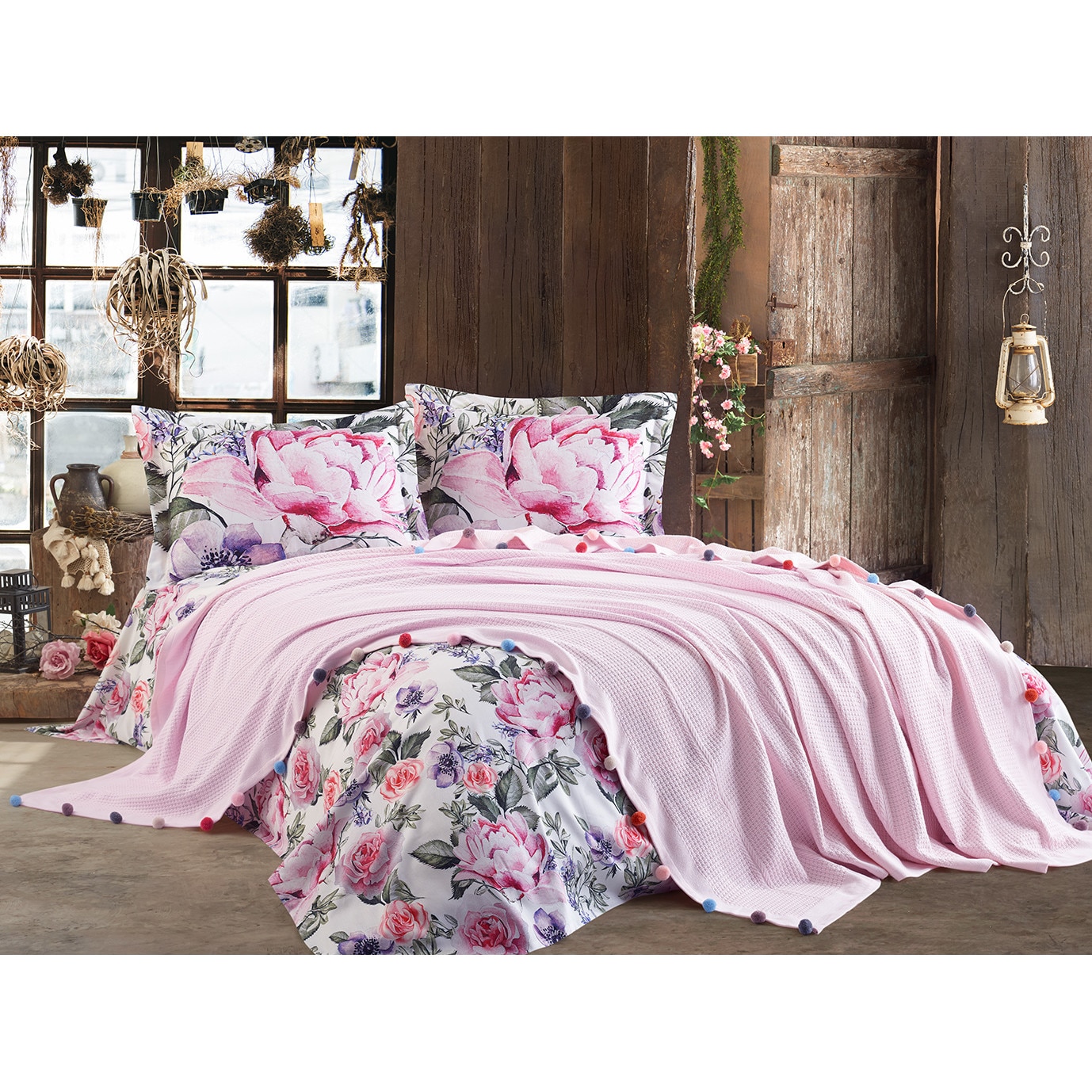 Set pled cu lenjerie din bumbac Violet Roz Pudra Dantela Home Colection pentru pat dublu, 200x220 / 50x70