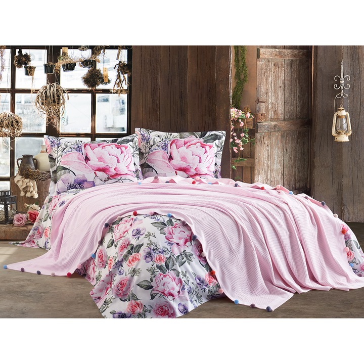 Комплект завивки с памучно бельо Purple Pink Powder Lace Home Collection за двойно легло, 200x220 / 50x70