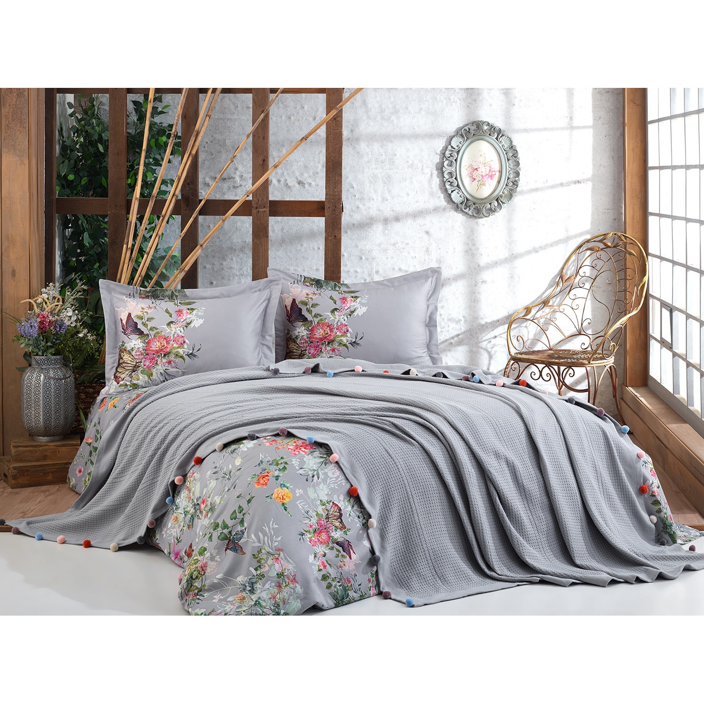 Set pled cu lenjerie din bumbac Violet Antrasit Dantela Home Colection pentru pat dublu, 200x220 / 50x70
