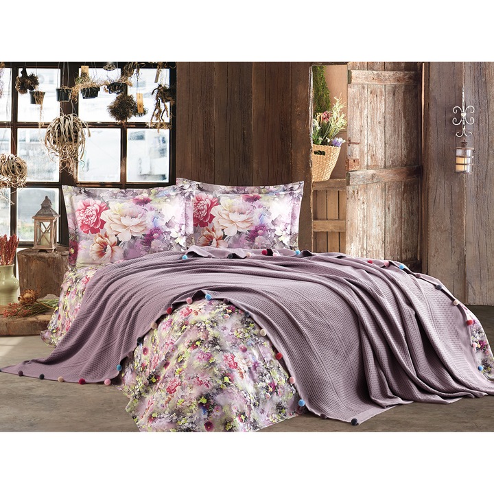 Violet Lilac Home Collection дантелен памучен комплект спално бельо за двойно легло, 200x220 / 50x70