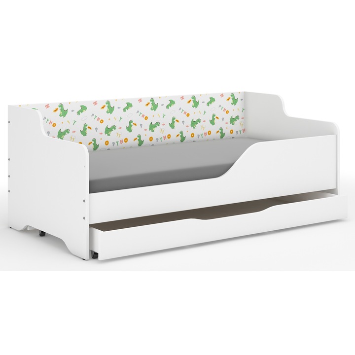 Pat pentru copii LILU, Wooden Toys, Model- Dino, Cadru/Suport lenjerie/Saltea 160x80cm, Alb