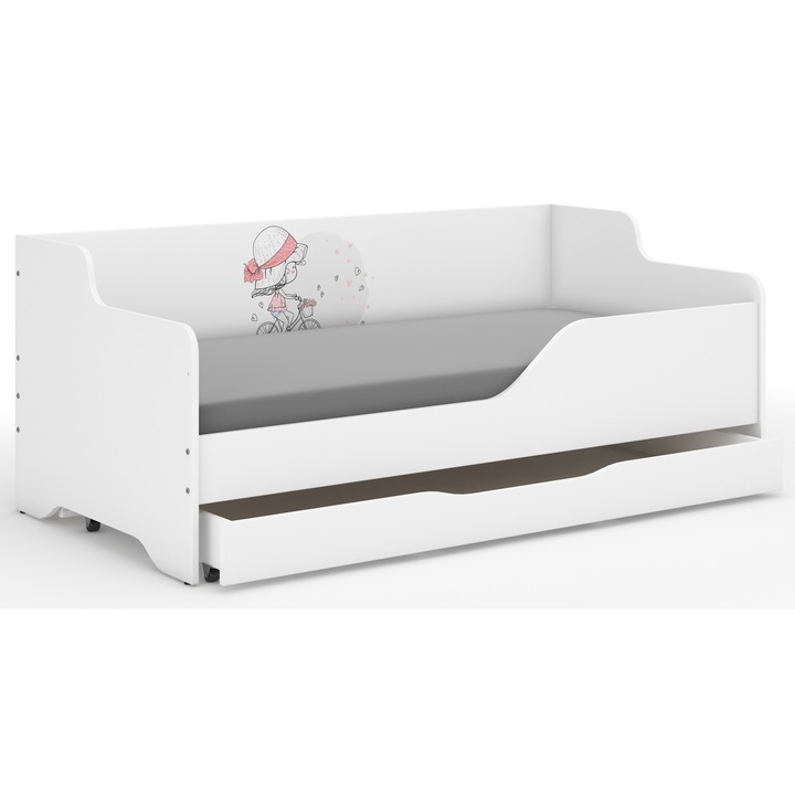 Pat pentru copii LILU, Wooden Toys, Model- Fetita pe bicicleta, Cadru/Saltea/Suport lenjerie, 160x80cm, Alb