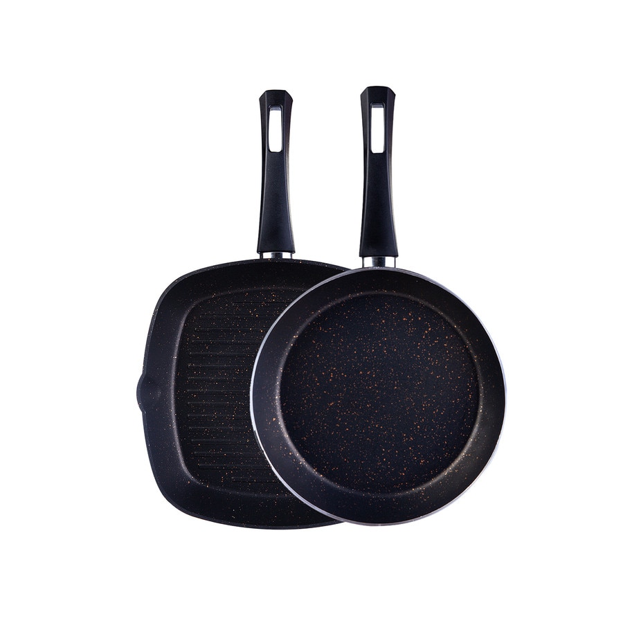 Set 2 Tigai, Karaca, Blackgold, Biogranit, Tigaie Grill 28 cm + Tigaie universala 26 cm, Negru/Auriu