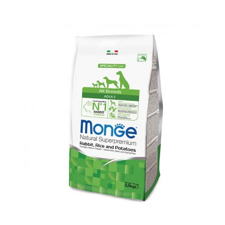 Hrana uscata pentru caini Monge Natural Superpremium Adult, Iepure, orez si cartofi 2,5 kg