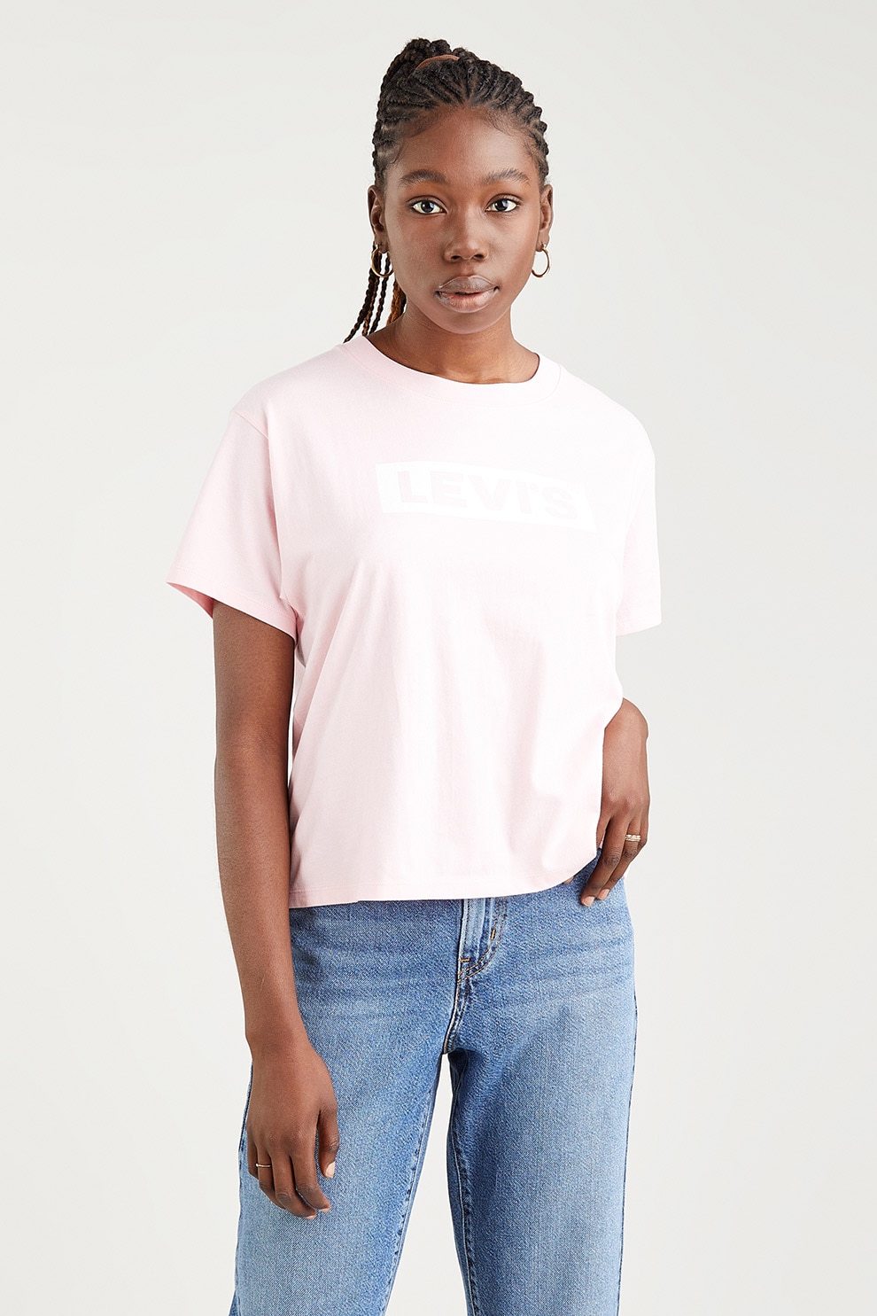Levi's, Tricou cu decolteu la baza gatului si logo Graphic Varsity, Roz pal/Alb