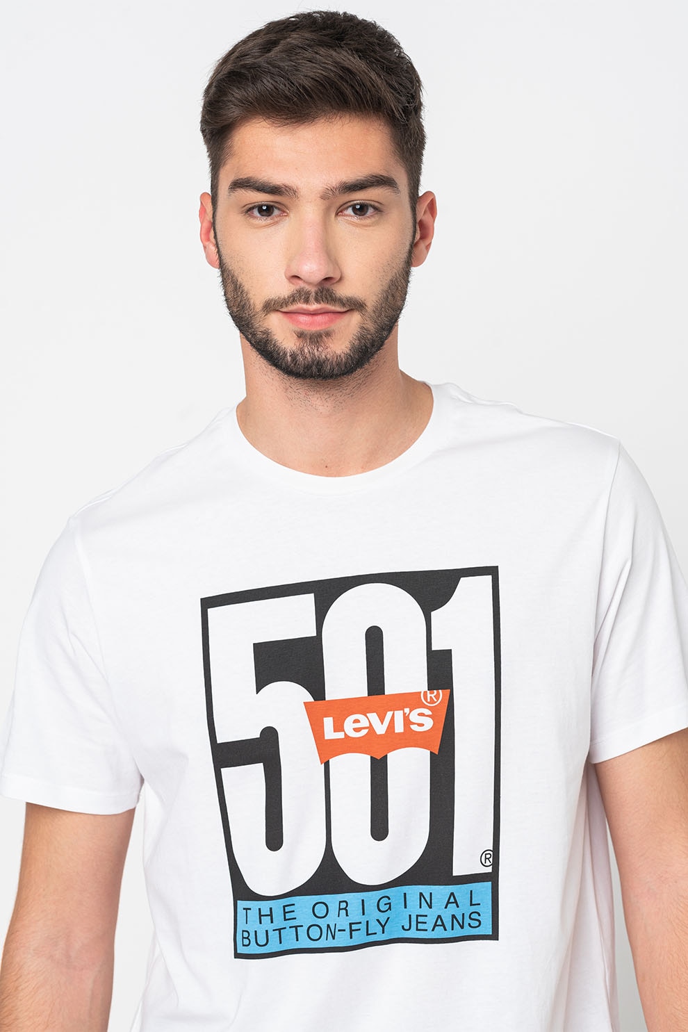 Levi's, Tricou unisex de bumbac cu imprimeu logo 501® A2083, Alb/Negru/Albastru