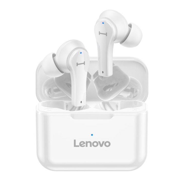 Слушалки LENOVO QT82 bluetooth STEREO, v5.0, TWS, микрофон, LED индикатор за зареждане + калъф за зареждане, бял