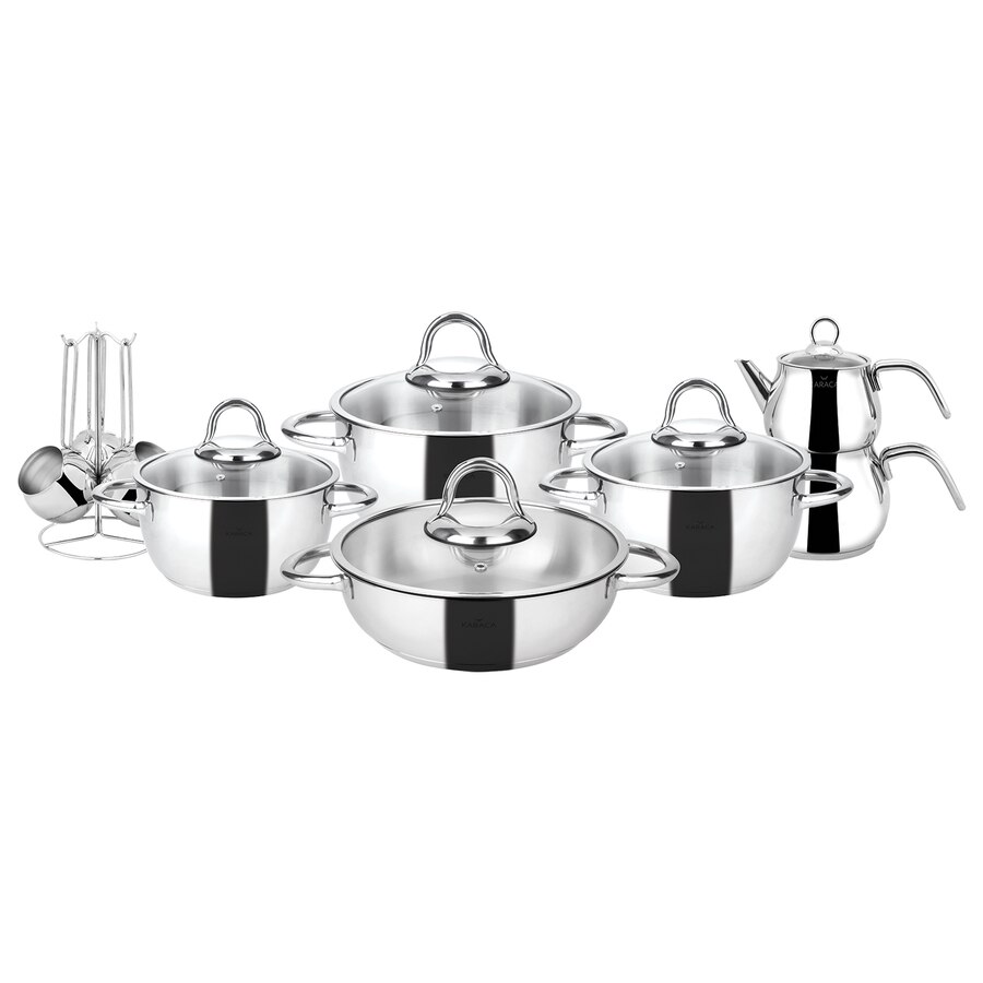 Set de bucatarie Karaca, Sevilla, Otel inoxidabil, 15 piese, 4 x Oala + capac, 1 x Ceainic + capac, 3 x Cesti + suport cesti, Argintiu