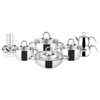 Set de bucatarie Karaca, Sevilla, Otel inoxidabil, 15 piese, 4 x Oala + capac, 1 x Ceainic + capac, 3 x Cesti + suport cesti, Argintiu Set de bucatarie Karaca, Sevilla, Otel inoxidabil, 15 piese, 4 x Oala + capac, 1 x Ceainic + capac, 3 x Cesti + suport cesti, Argintiu
