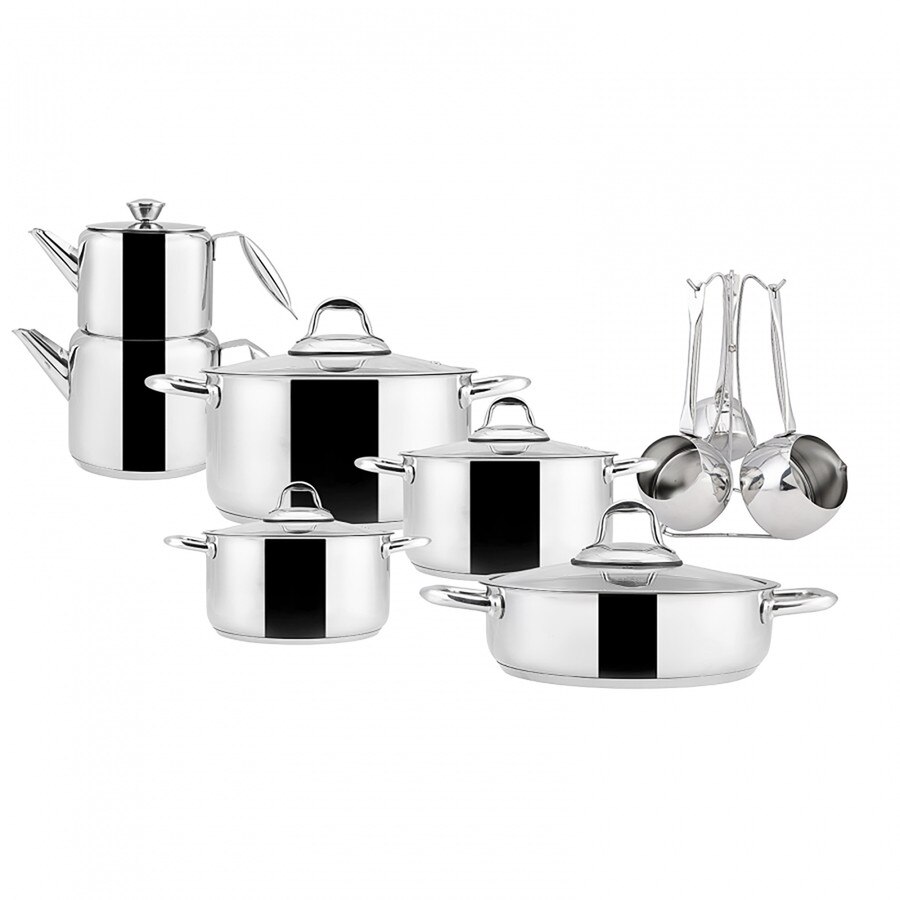 Set de bucatarie Karaca, Granada, Otel inoxidabil, 15 piese, 4 x Oala + capac, 1 x Ceainic + capac, 3 x Cesti + suport cesti, Argintiu