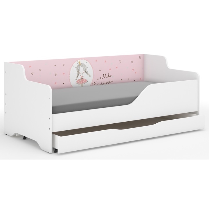Pat pentru copii LILU, Wooden Toys, Model-Printesa, Cadru/Saltea/Suport lenjerie, 160x80cm, Alb