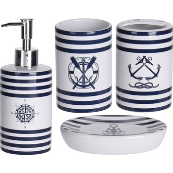 Set accesorii baie din ceramica 4 piese cu model maritim Set accesorii baie din ceramica 4 piese cu model maritim