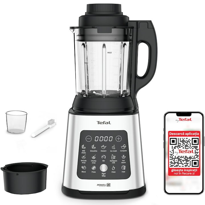 Blender Tefal PerfectMix Cook BL83SD30, 1400W, capacitate 1.75L, viteza variabila, 10 programe pentru retete calde si reci, functie de gatire la aburi, functie de maruntire a ghetii, lame detasabile Powelix, argintiu-negru