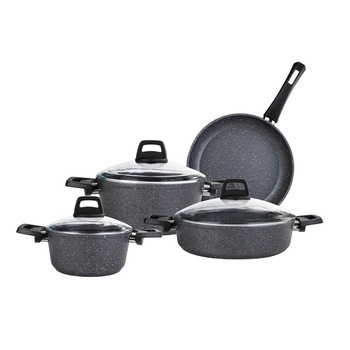 Set de bucatarie Karaca, Atlas, 7 piese, 3 Oale + 3 capac +1 Tigaie, 18/22/26 cm, 2/3/3,5 L, Granit, Gri Set de bucatarie Karaca, Atlas, 7 piese, 3 Oale + 3 capac +1 Tigaie, 18/22/26 cm, 2/3/3,5 L, Granit, Gri
