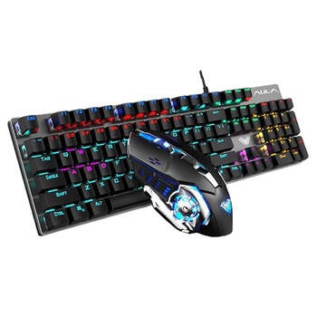 Set gaming profesional T400 tastatura mecanica 20 efecte lumini, si mouse 2400 DPI, LED RGB Set gaming profesional T400 tastatura mecanica 20 efecte lumini, si mouse 2400 DPI, LED RGB