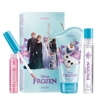 Cutie cadou Disney Frozen II, Avon - Apa de colonie 15 ml, Crema de maini si corp 50 ml si Luciu de buze 7 ml Cutie cadou Disney Frozen II, Avon - Apa de colonie 15 ml, Crema de maini si corp 50 ml si Luciu de buze 7 ml