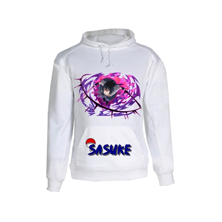 Hanorac personalizat unisex anime naruto sasuke, Bumbac, Alb, S