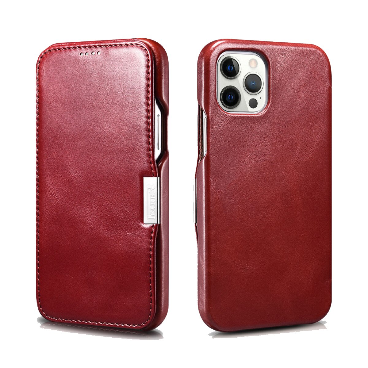 Husa carte Icarer, compatibila cu Iphone 12 Pro Max, Piele naturala, Rosu