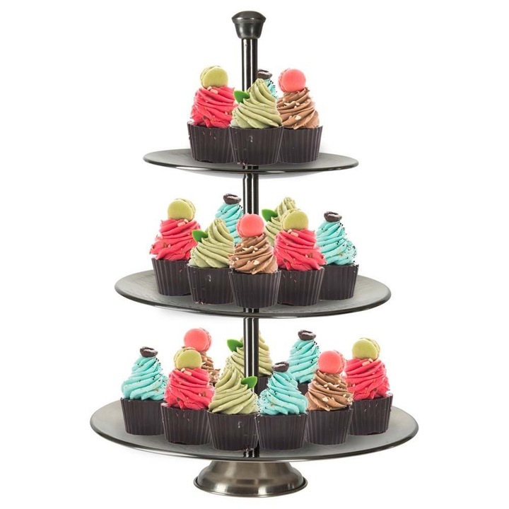 Suport servire cu 3 nivele Excellent Houseware, metal, 25x36.5 cm, negru lucios