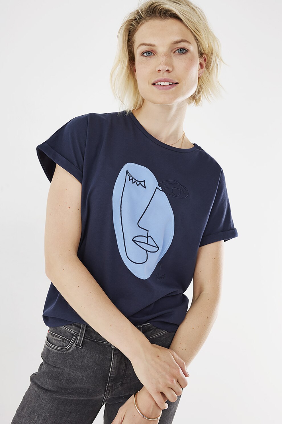 Mexx, Tricou din bumbac organic cu imprimeu abstract, Bleumarin/Albastru pastel