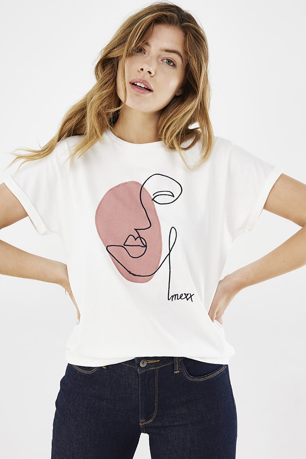 Mexx, Tricou din bumbac organic cu imprimeu abstract, Alb/Roz prafuit