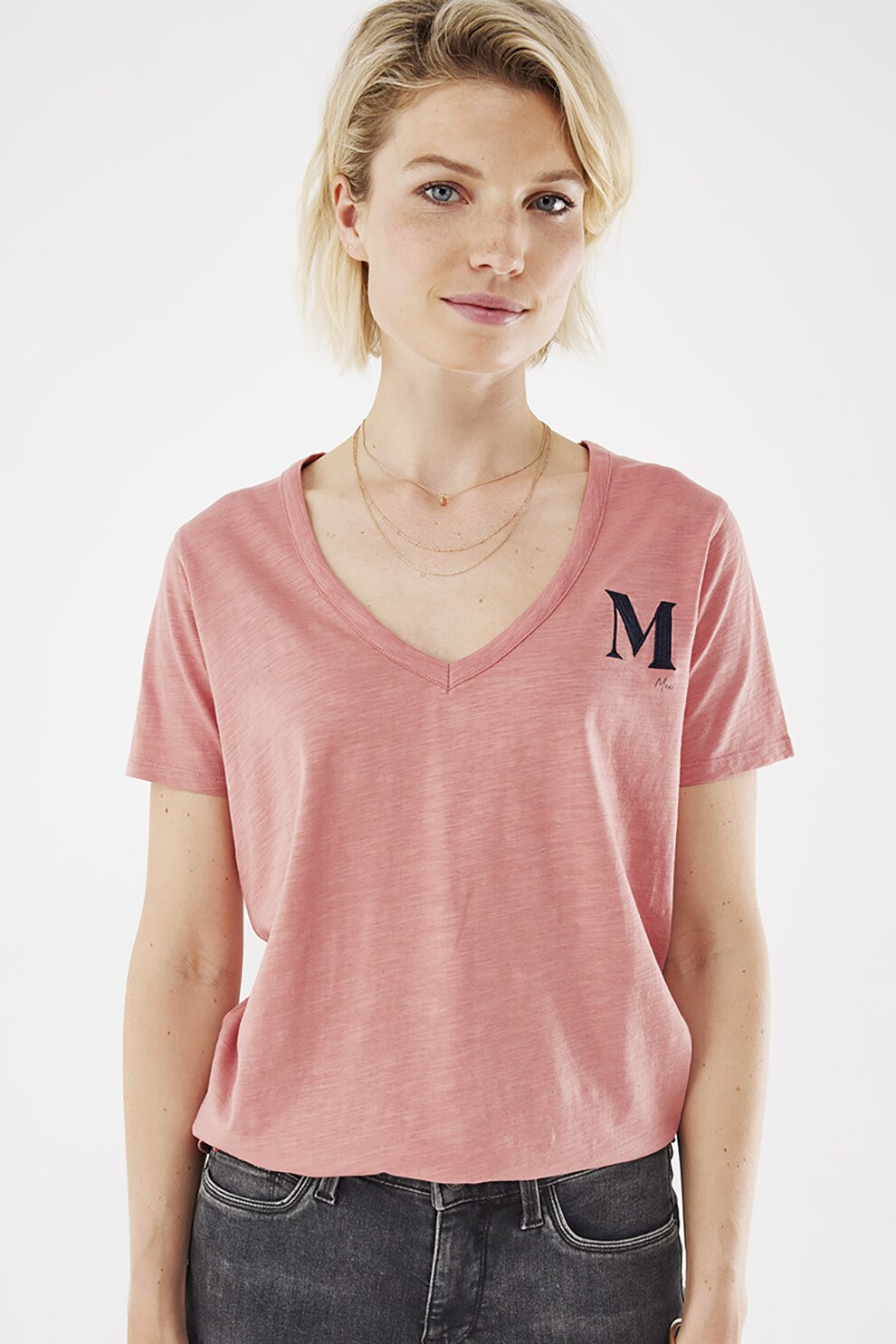 Mexx, Tricou din bumbac organic cu monograma brodata, Roz somon